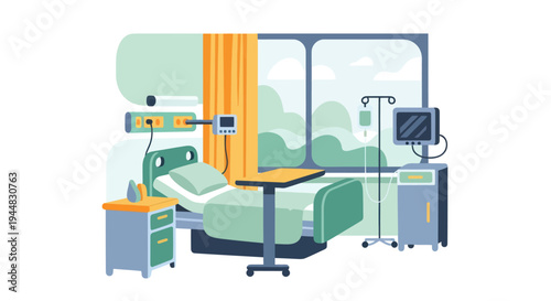 A modern hospital room with a bed, medical equipment, and a large window overlooking a serene landscape.