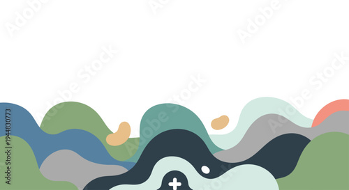 Abstract landscape with rolling hills and wavy lines in muted colors, featuring a subtle cross shape at the bottom.