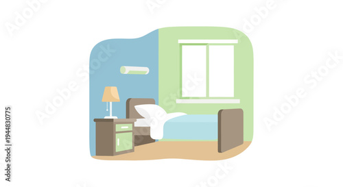 A cozy hospital room with a bed, nightstand, lamp, and window, suggesting comfort and care.