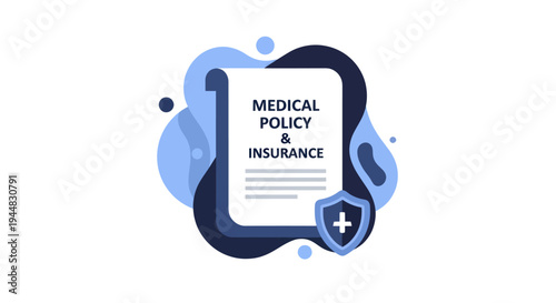 Illustration of a medical policy and insurance document with a shield and plus sign, representing healthcare coverage and protection.
