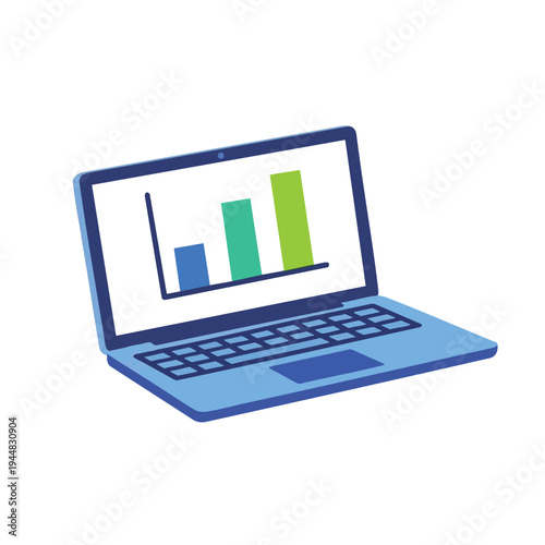 Blue laptop displaying a bar graph with increasing data points