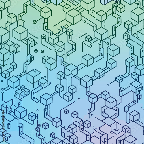 Abstract network of cubes and lines in a gradient of blue to green