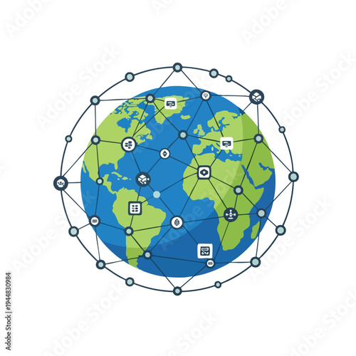 Abstract globe with interconnected network of icons representing global communication and data