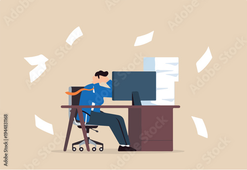 Frustrated businessman sits at his office desk with busy unfinished work, illustrating work stress. Concept of tiredness, fatigue from being overworked, and pressure to finish projects