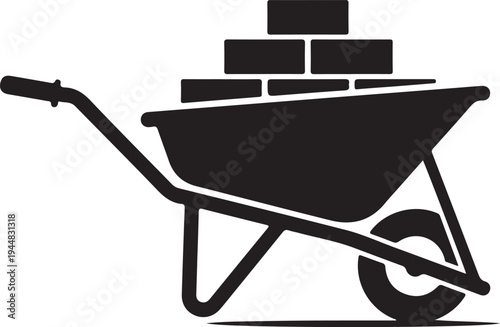 Wheelbarrow isolated on transparent background with four bricks resting on the tub and a tire and wheels attached to tapered metal axles