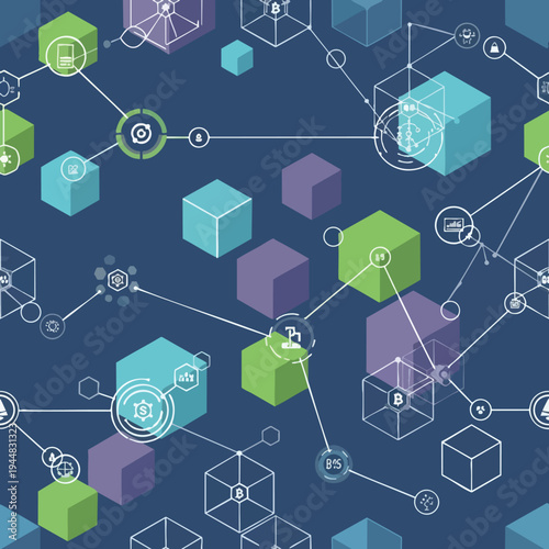 Abstract geometric network of digital blocks, finance icons, and technology symbols