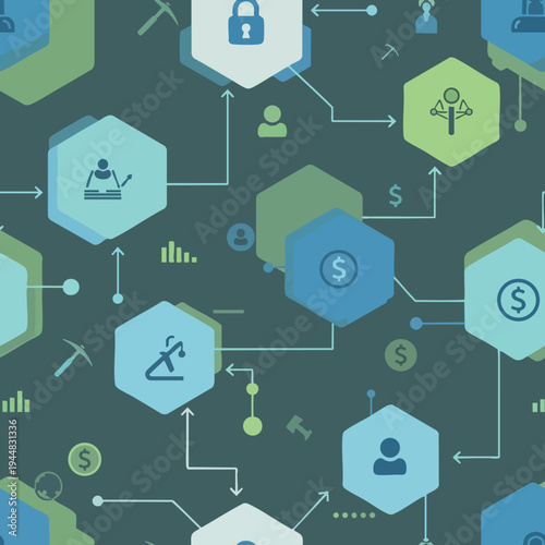 Abstract hexagon network with icons of security, finance, and people