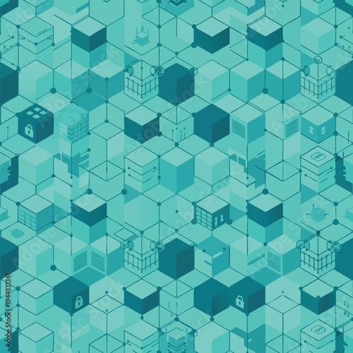 Geometric network of interconnected cubes with tech icons in teal