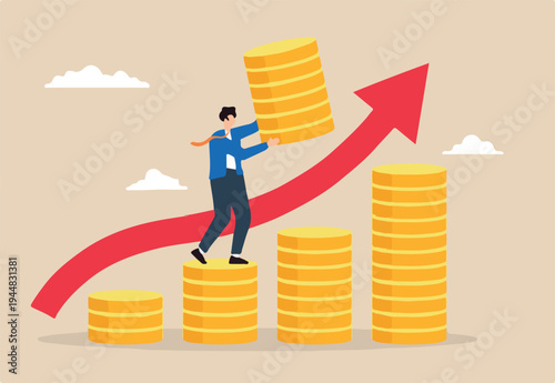 Flat illustration of businessman increase money stack with graph arrow up investment growth financial success compound interest capital gain profit pension fund wealth accumulation