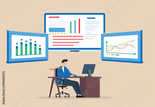 Marketing strategy management, data-driven decision-making, strategic oversight, business coordination concept vector illustration. Analyst operating control room with financial charts