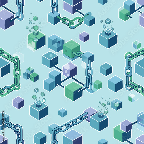 Abstract network of linked cubes in various shades of blue and green, with chains connecting them