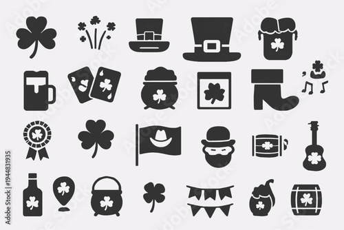 St Patrick’s Day Irish Icons Set with Shamrock, Hat, Flag, Badge, Garland, Horseshoe, Harp, Beer Mug, Irish clover, firework, Church Silhouettes for logo, card, business, banner, ads, print, textile