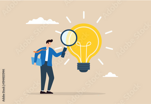 Flat illustration businessman analyze glowing lightbulb idea with magnifier checking and validate business viability