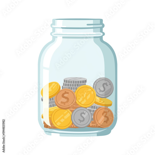 Glass jar overflowing with gold, silver, and copper coins