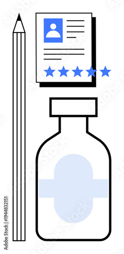 Pencil, profile document with a five-star rating, and a medical bottle representing healthcare, recruitment, or evaluation processes. Ideal for HR, healthcare, recruitment, career planning employee