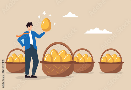 Flat illustration of businessman holding golden egg and filling baskets representing wealth strategy diversification and financial security.