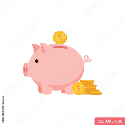 A cheerful pink pig coin bank with coins being deposited and stacked beside it