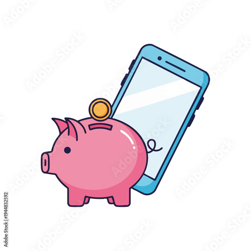 Pink piggy bank with coin and blue smartphone