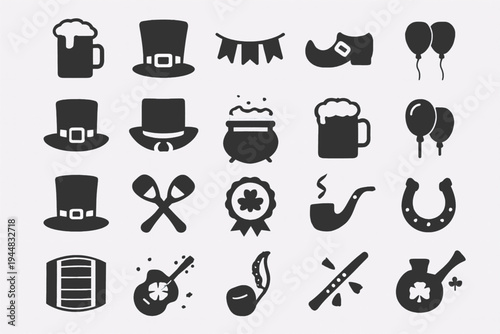 A black and white silhouette illustration of St. Patrick's Day, hat, pot, musical instrument, garland, balloon, badge, Irish symbols arranged in a grid pattern for logo, print, card, marketing, banner