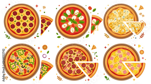 Variety of Delicious Pizza Slices with Different Toppings, Flat Vector Illustration