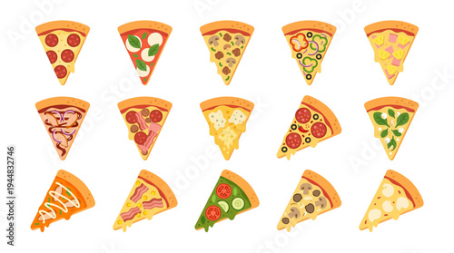Diverse collection of delicious pizza slices, flat vector illustration showcasing various toppings and styles
