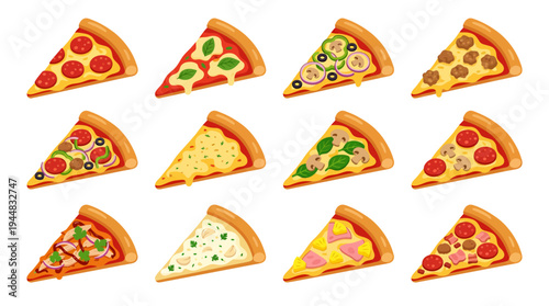 A delightful collection of diverse pizza slices, showcasing a variety of toppings and culinary creations