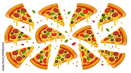 Delicious Slices of Pizza with Toppings like Pepperoni, Olives, and Tomatoes - A Colorful and Appetizing Flat Vector Illustration
