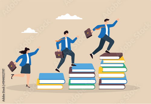 Flat illustration of employee run on stack of book toward success symbolizing knowledge and education helping business growth