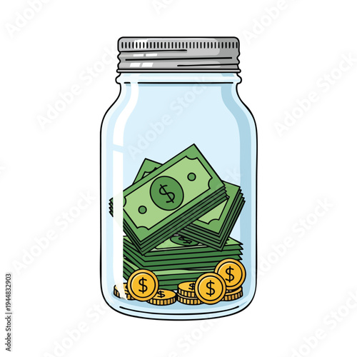 Glass jar filled with stacked banknotes and coins, representing savings