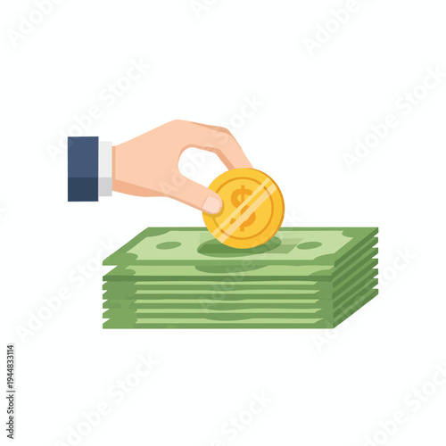 A hand places a gold coin on a stack of green banknotes