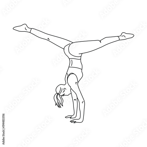 Gymnast Woman Doing Handstand Yoga Pose Continuous Line Illustration