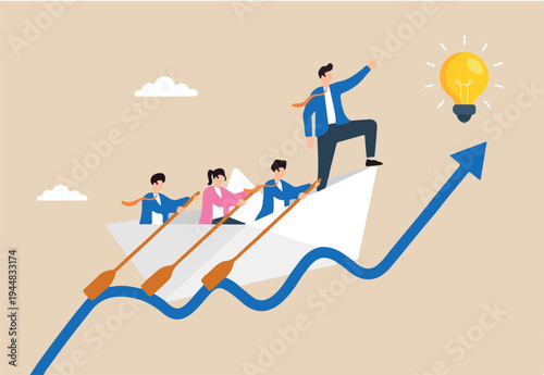 Flat illustration of business leader navigating paper boat with team on rising graph wave toward innovation and startup success.
