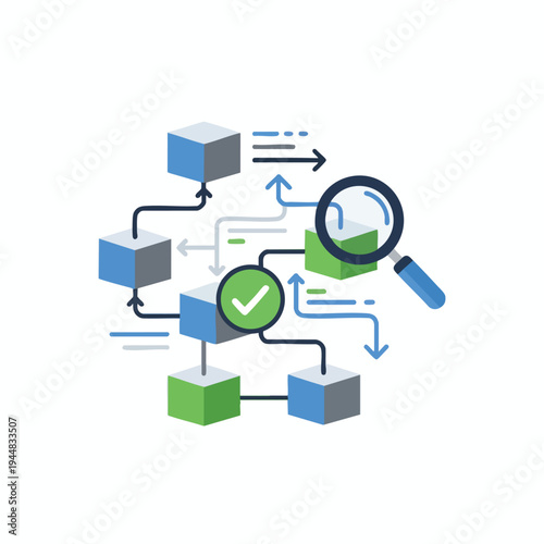 Abstract flowchart of interconnected cubes with arrows, checkmark, and magnifying glass