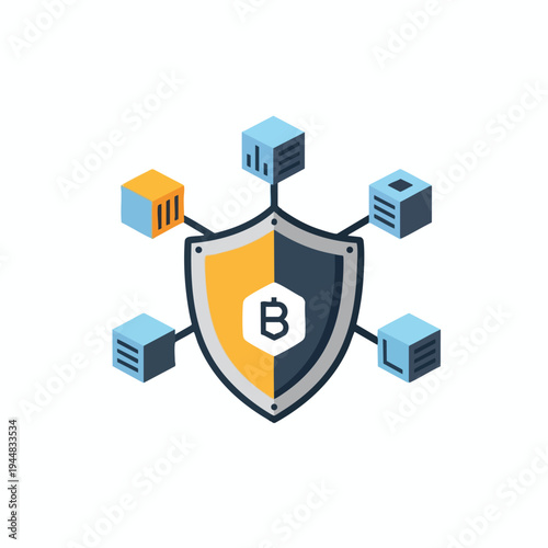 Shield with hexagonal 'B' symbol surrounded by interconnected cubes