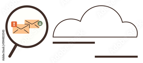 Email security, cloud technology, data management, online communication, threat detection, secure storage. Magnifying glass highlights email icons with warning signs next to a cloud. Email security