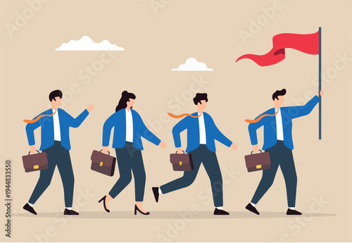 Flat illustration of businessman leader holds winner flag leading team toward success and motivation