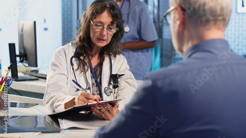 Photos Skilled medical expert analyzing x ray scans for old patient on insurance, discussing with senior patient about protection and prevention for wellbeing
