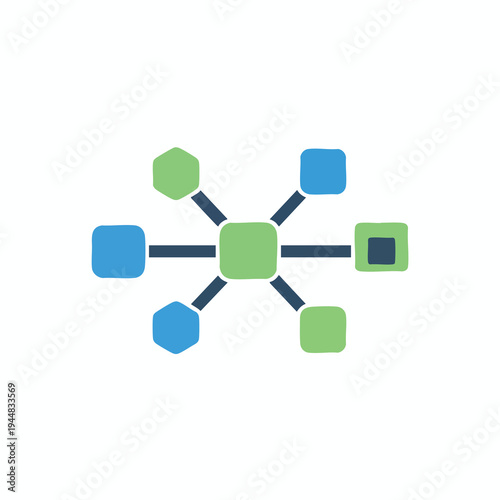 Flat icon representing a network of connected nodes with varying shapes and colors