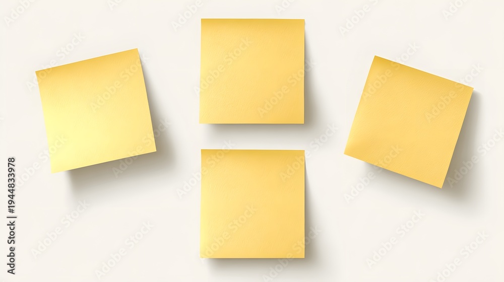 Fototapeta premium Four Yellow Sticky Notes Arranged on a Light Background.