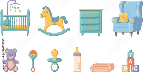 Baby Nursery Furniture and Toys Vector Set Featuring Crib, Rocking Horse, Armchair, Teddy Bear, Pacifier, Baby Bottle and Infant Care Elements.