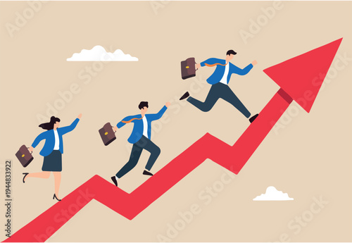 Flat illustration business people run up rising arrow symbolizing business and career growth