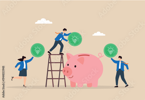 Flat illustration of employees inserting green lightbulb coin into corporate piggy bank for eco friendly investment
