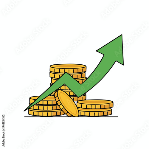 Stacks of gold coins with a green upward trending arrow