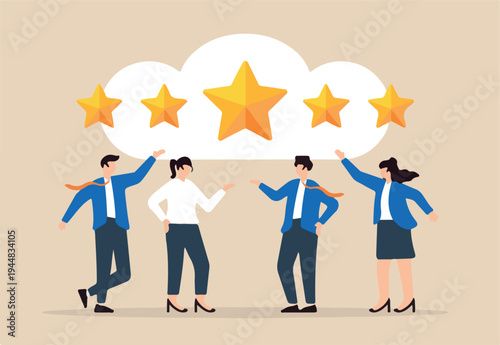 Flat illustration of customer give 5 star rating symbolizing feedback for best quality and satisfaction
