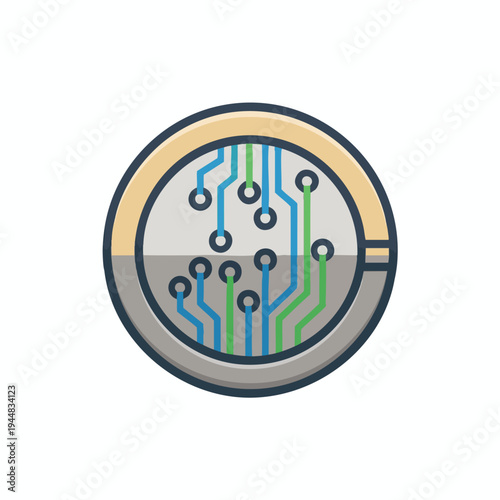 Circular design with intricate circuit board pathways and nodes