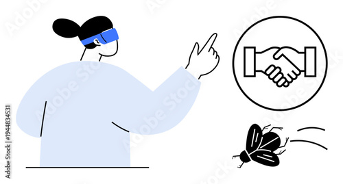 Virtual reality concept. Virtual reality showing a person using hand gestures, digital handshake, and a bug icon technology, innovation, and interaction. For gaming, education, technology