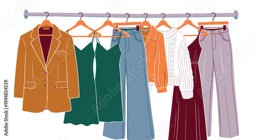 Set of 8 clothing items vector, fashion garments, hanging on rack