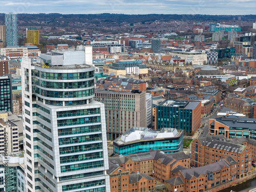 Schilderij op canvas Aerial drone skyline view across Leeds city centre featuring Bridgewater Place c