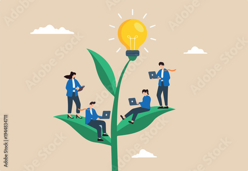 Flat illustration of business people work on growing lightbulb plant representing corporate culture and employee values
