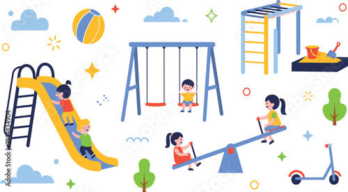 Children Playground Activities Vector Illustration Featuring Kids Playing on Slide, Swings, Seesaw, Climbing Frame, Sandbox and Outdoor Park Elements.